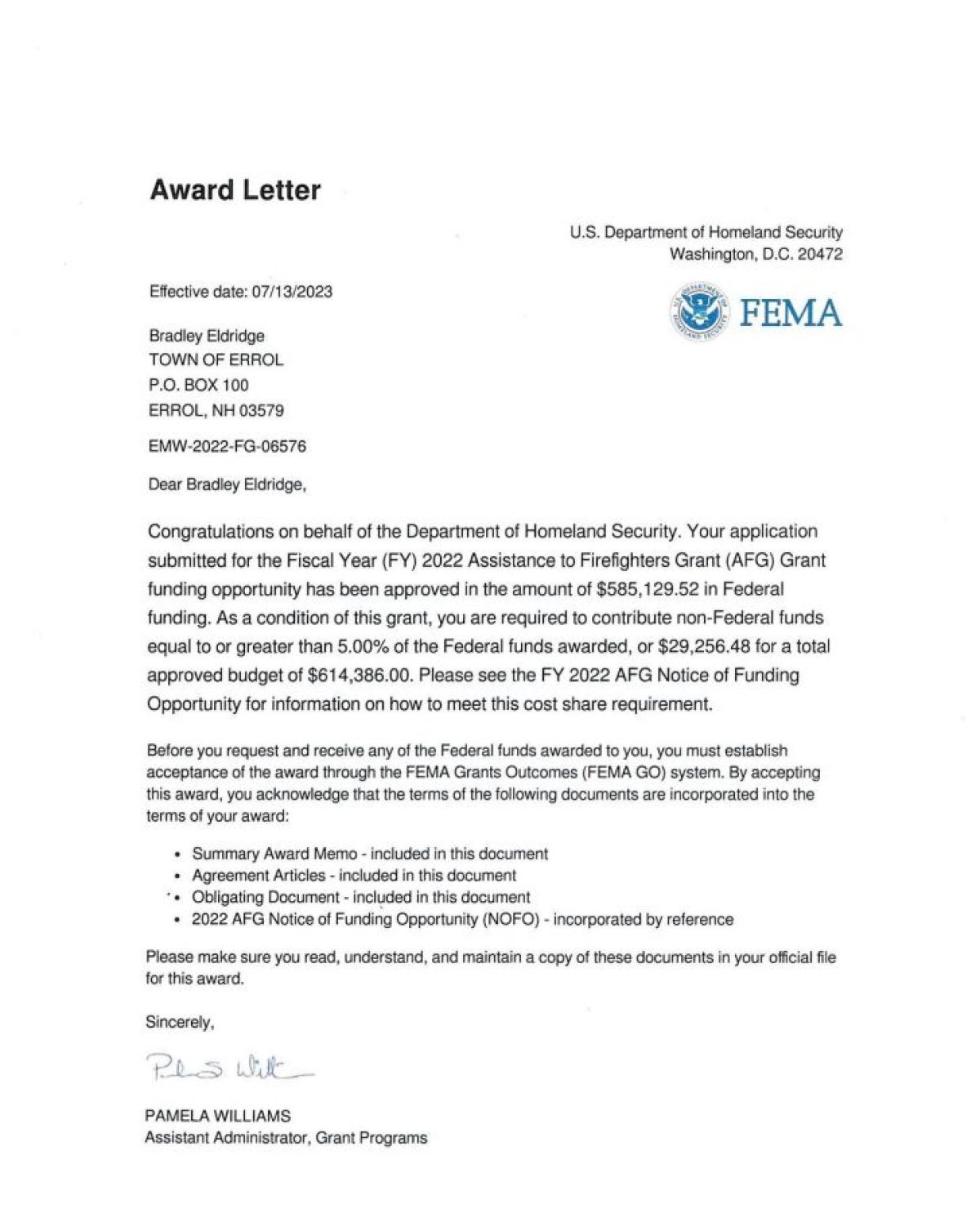 FEMA Grant Award Letter