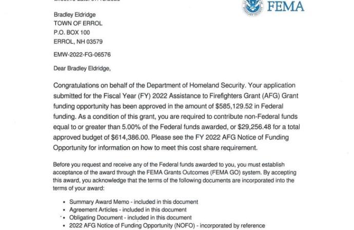 FEMA AFG Grant Award Letter
